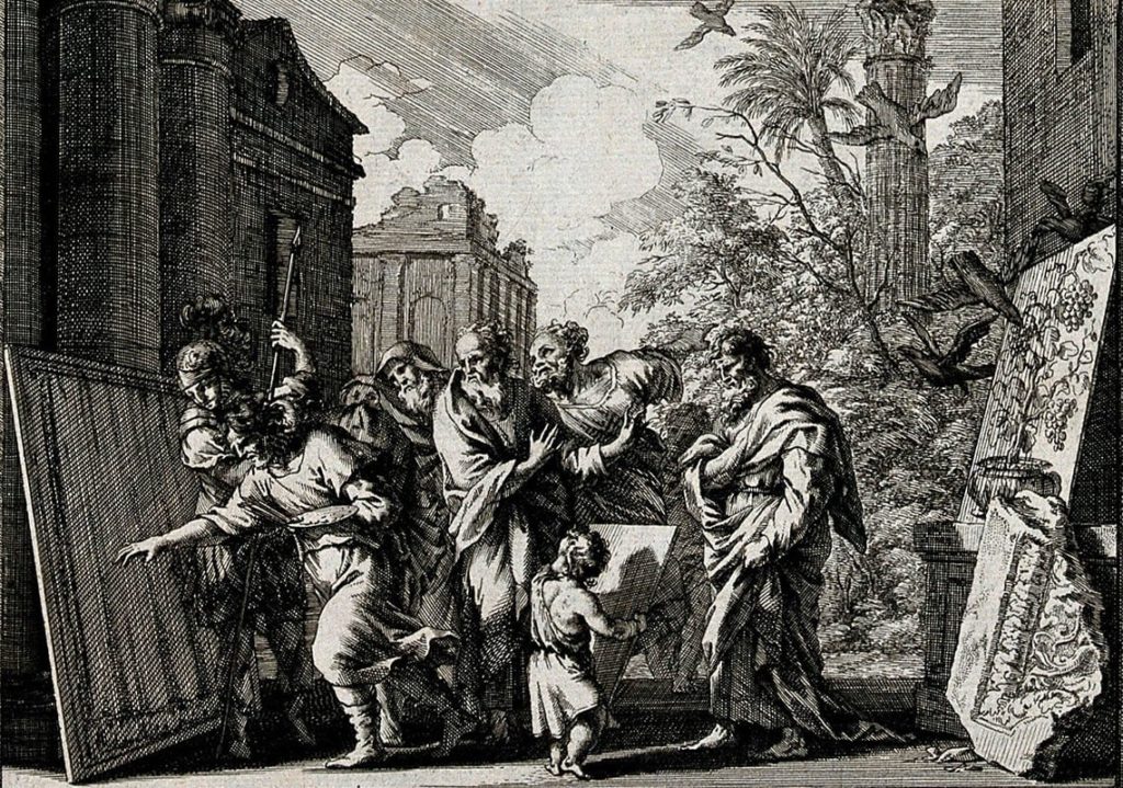 Parrhasius trompe des spectateurs avec ses tableaux, (Johan Jacob von Sandrart, d'après Joachim von Sandrart)